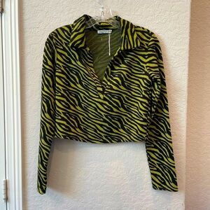 Zara Jacquard Print Crop Top/Blouse Long Sleeve Size:Small Preloved Olive/Black